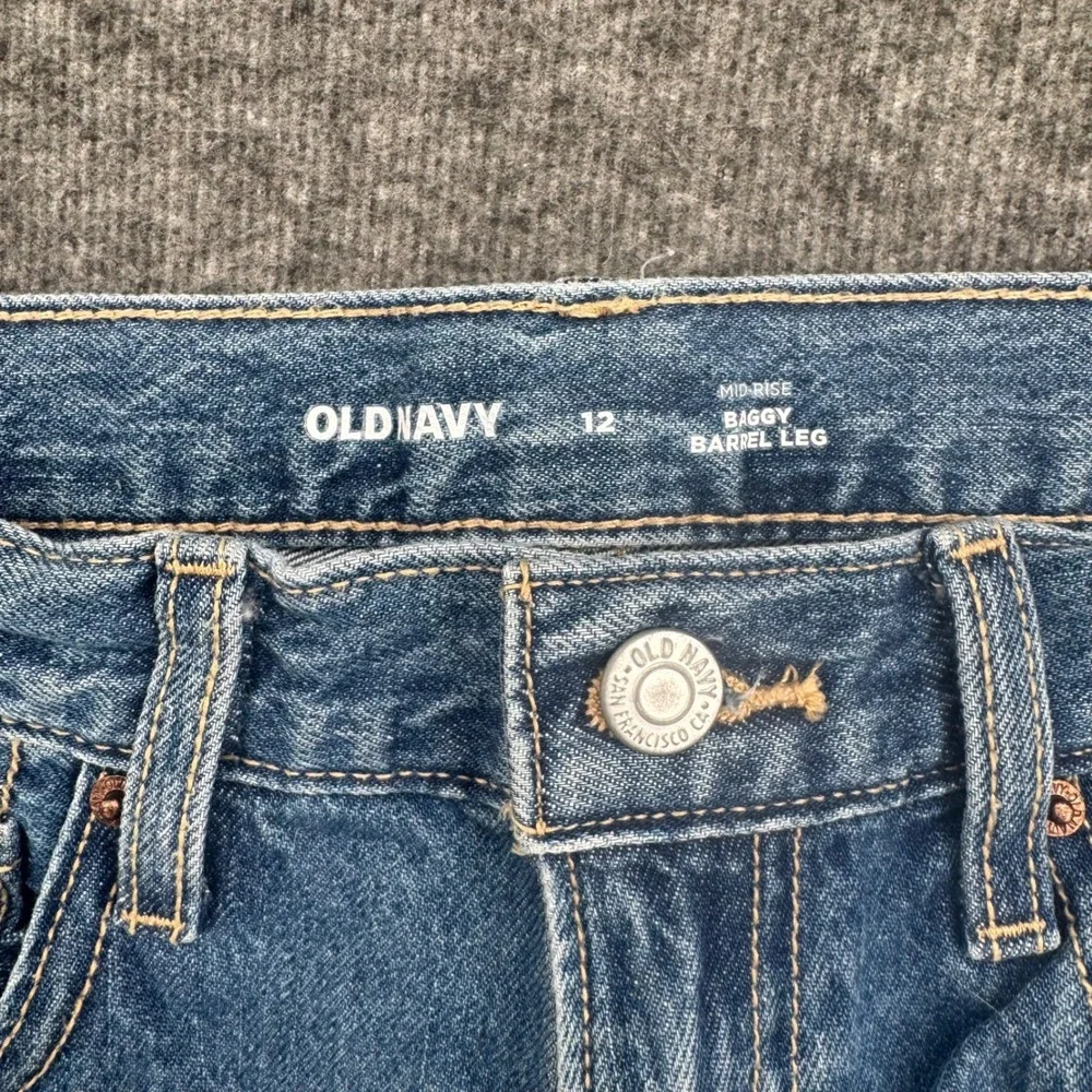 Old Navy Girls 12 Mid Rise Baggy Barrel Leg Jeans Blue Bow Print Coquette Denim